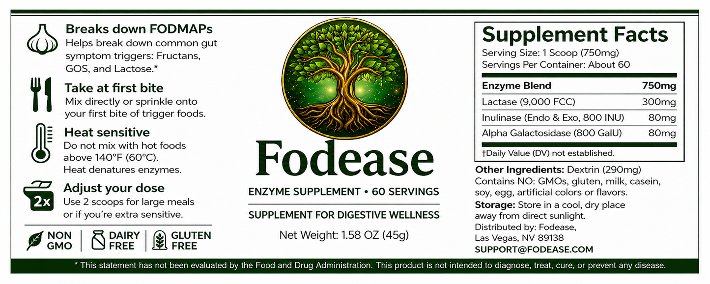 Fodease FODMAP digestive enzyme powder jar, front view