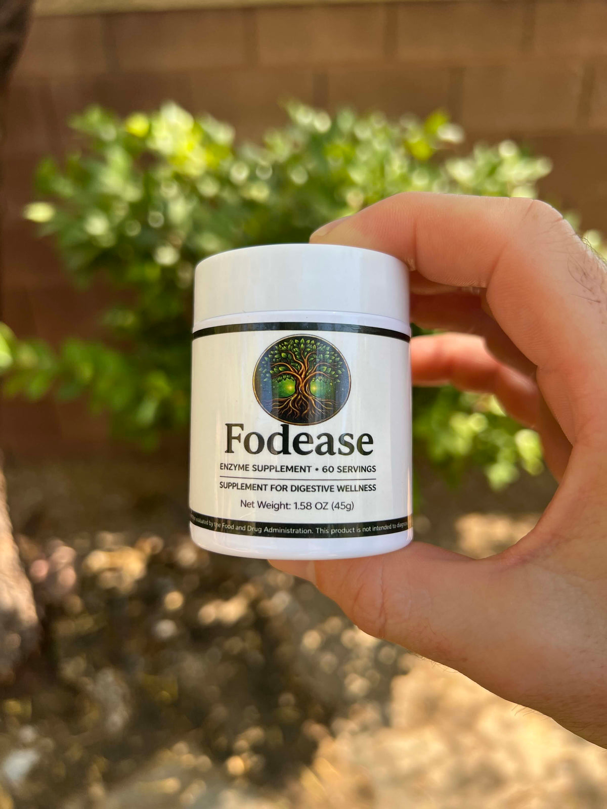 Hand holding a 45g jar of Fodease FODMAP digestive enzyme powder