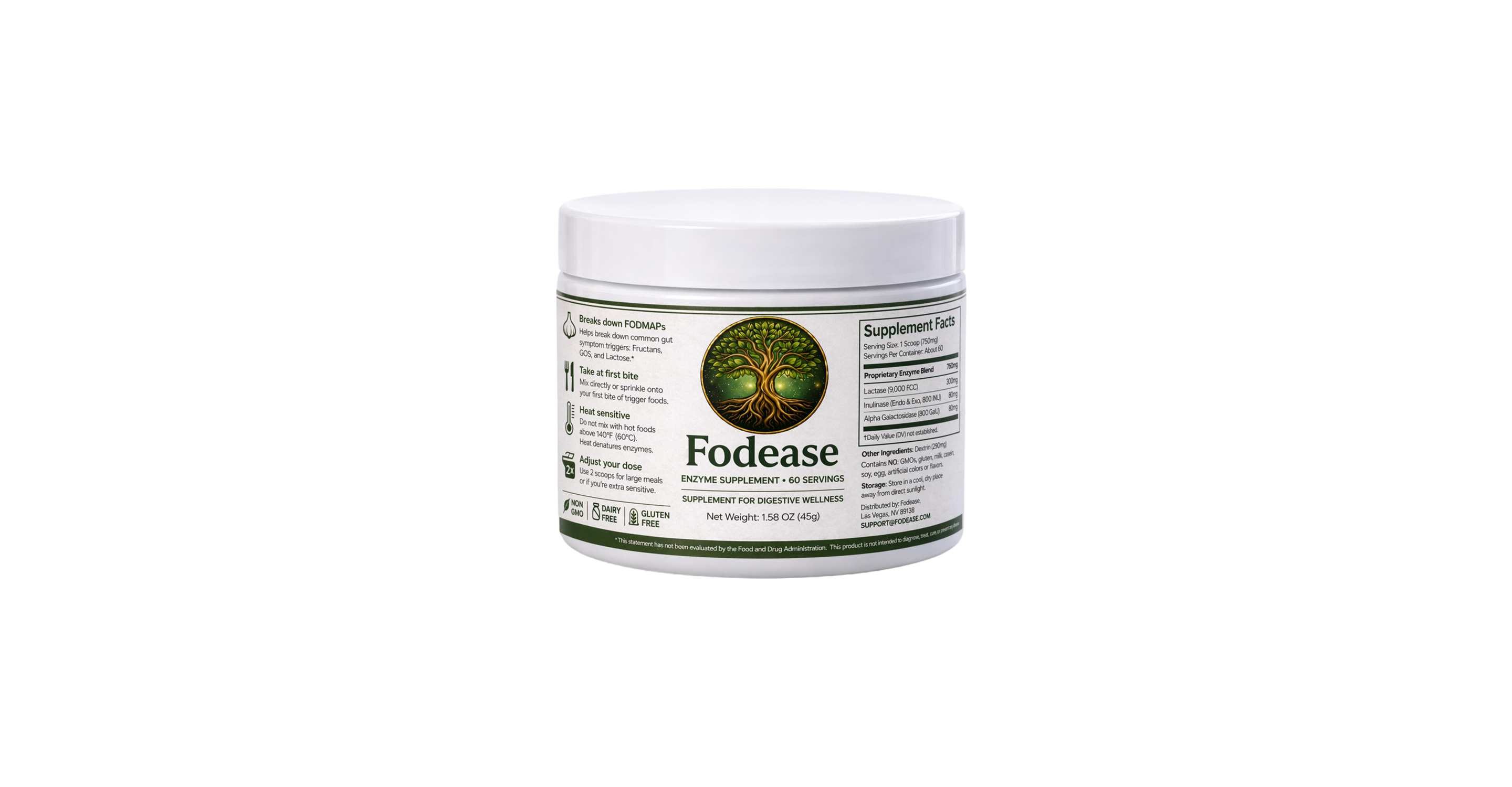 Fodease low-FODMAP digestive enzyme powder, 60-serving jar with Supplement Facts panel