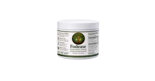 Fodease low-FODMAP digestive enzyme powder, 60-serving jar with Supplement Facts panel